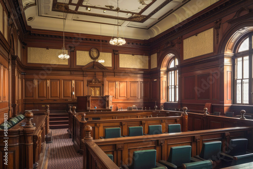 Courtroom interior. Empty Courthouse interior. Law and Justice concept. High quality generative ai