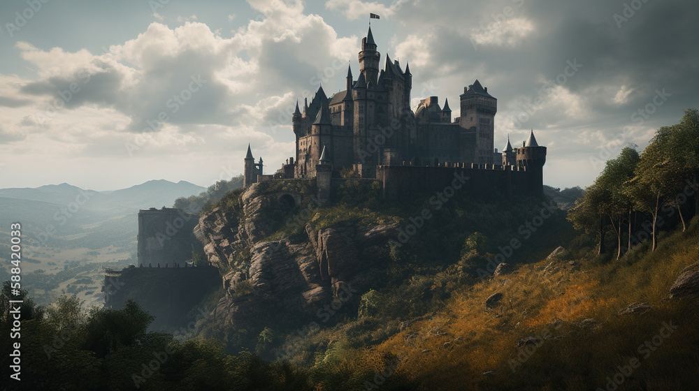 Beautiful fantasy castle in the mountains. Panoramic view. Generative AI