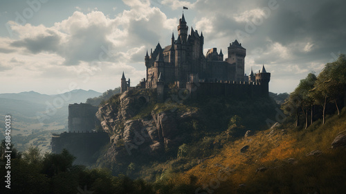 Beautiful fantasy castle in the mountains. Panoramic view. Generative AI