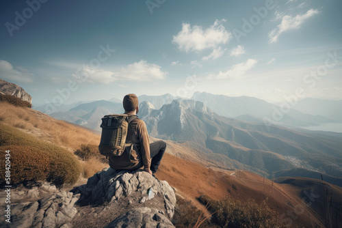 Man with backpack sitting on top of a mountain and looking at the valley. Generative AI