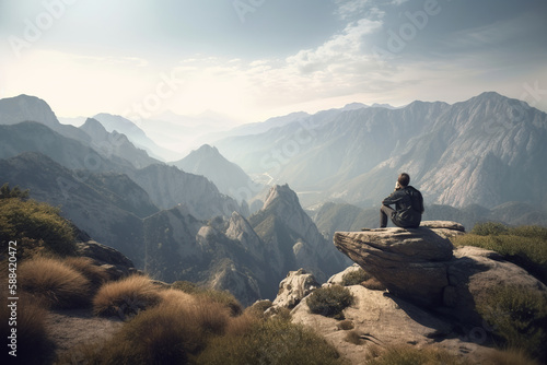 Man sitting on top of a rock and looking at the valley. Generative AI