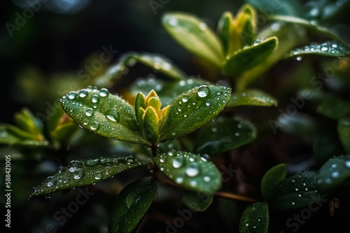 Plants with fresh water drops in garden on a rainy morning in countryside. Generative AI