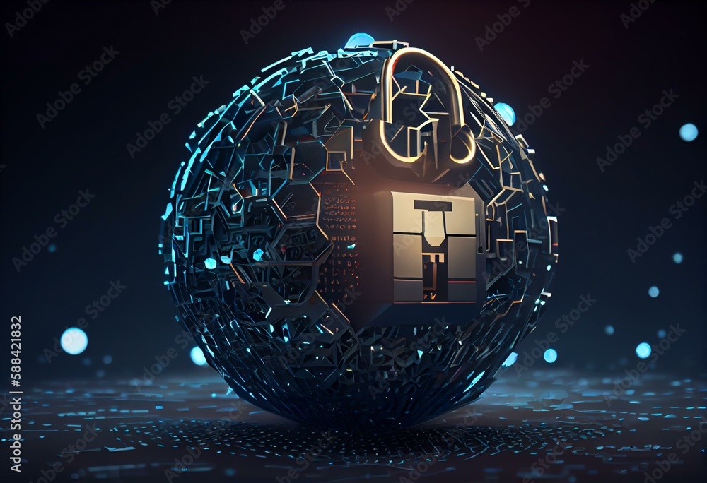 Spherical interconnected polygons, with a large padlock inside