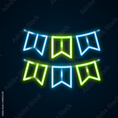 Glowing neon line Carnival garland with flags icon isolated on black background. Party pennants for birthday celebration, festival decoration. Colorful outline concept. Vector