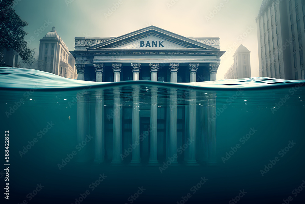 Banking Default and Bank Crisis or as Banks drowning in debt with financial instability or insolvency concept and global market problem as a 3D illustration. Generative Ai. - obrazy, fototapety, plakaty 