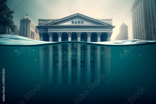 Banking Default and Bank Crisis or as Banks drowning in debt with financial instability or insolvency concept and global market problem as a 3D illustration. Generative Ai.