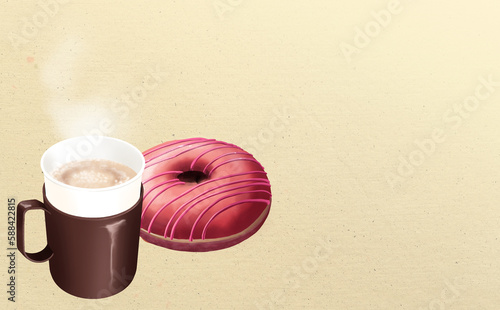 イラスト素材・カップホルダー付き紙コップのホットカフェオレ&ドーナッツ イエロー背景 色違い・差分有