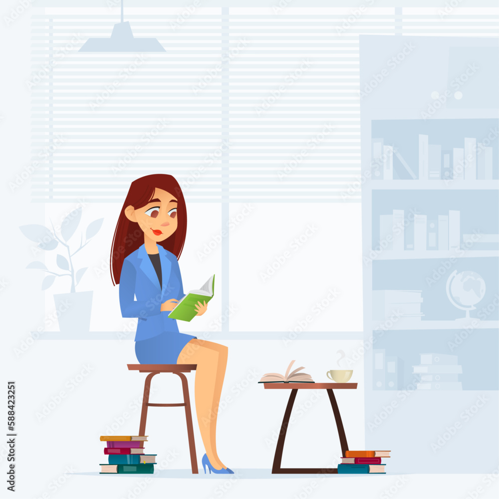 Young successful businesswoman reading book, sitting on chair at the office. Small wooden table with cup of coffee or tea Young successful businesswoman reading book, sitting on chair at the office. Small wooden table with cup of coffee or tea
