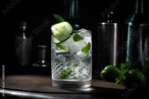 Refreshment cocktail with lime and ice. Mojito drink served at bar, pub or restaurant