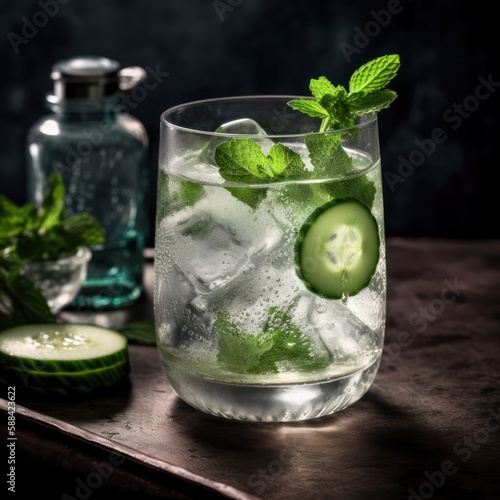 Refreshment cocktail with lime and ice. Mojito drink served at bar, pub or restaurant