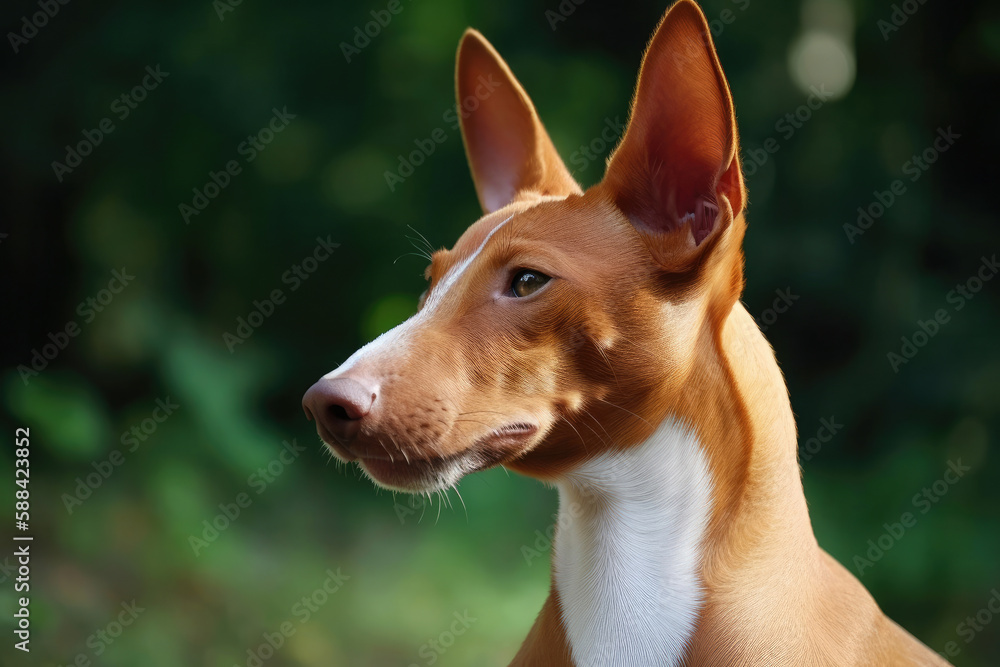 Dog breed Podenco close-up on a green background. Generative AI Dog breed Podenco close-up on a green background. Generative AI