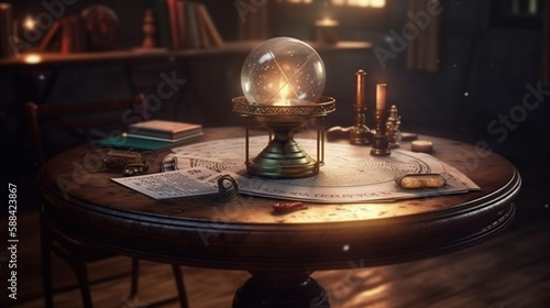Magic still life with magic crystal ball, book, runes and candles on wooden table.generative ai © S...