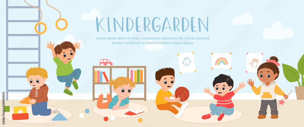 Kids play toys and games together in kindergarden. Cartoon playroom with children. Kids play toys and games together in kindergarden. Cartoon playroom with children.