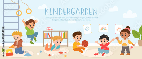 Kids play toys and games together in kindergarden. Cartoon playroom with children.