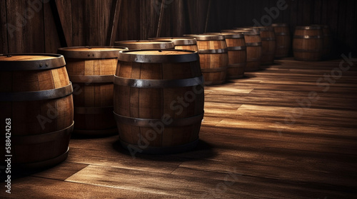 Barrels of wine on wooden background.generative ai