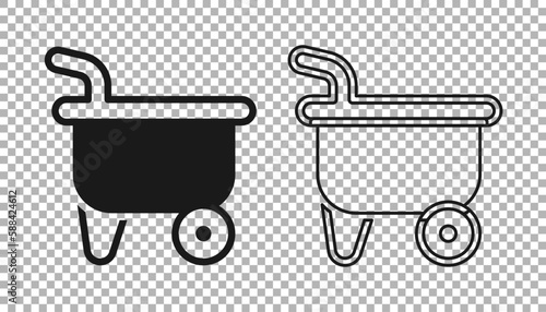 Black Wheelbarrow icon isolated on transparent background. Tool equipment. Agriculture cart wheel farm. Vector