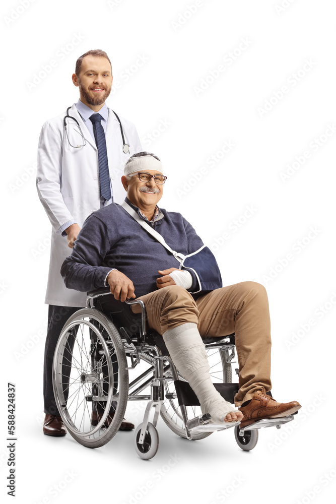 Mature man with a broken arm and bandage on head sitting in a wheelchair and a doctor standing behind Mature man with a broken arm and bandage on head sitting in a wheelchair and a doctor standing behind