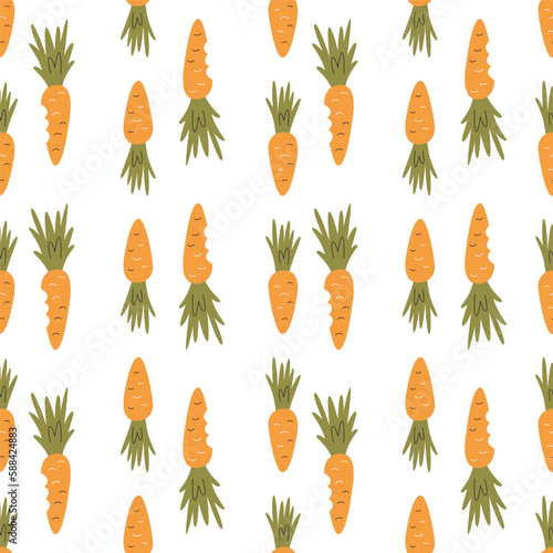 Easter theme related decorative pattern. Vertical orange carrot repeated background. Seamless design for farmers market. Food wrapping paper. Hand drawn flat vector illustration isolated on white