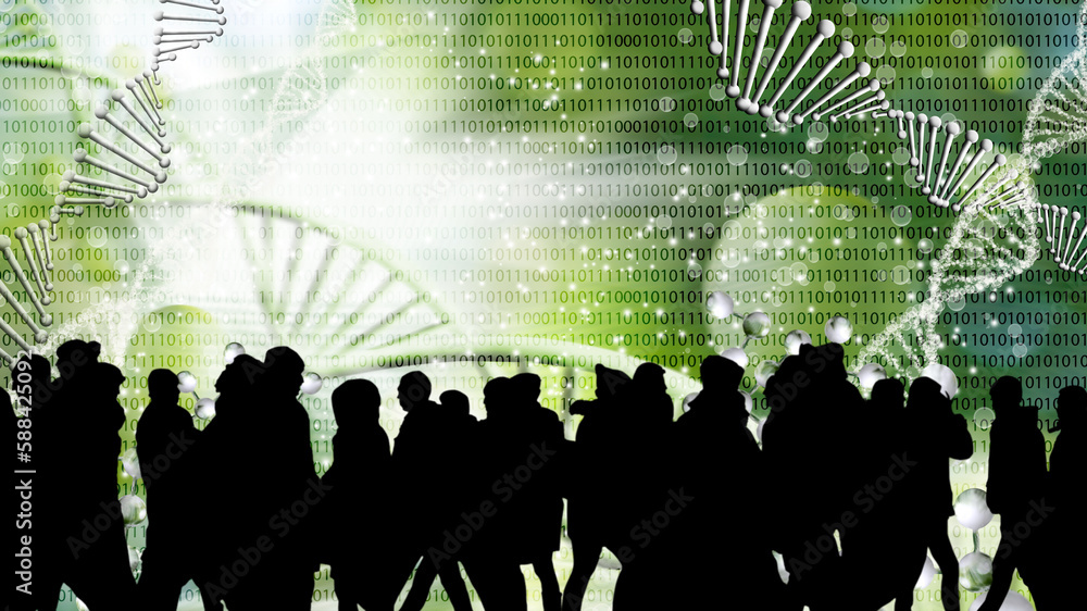Obraz premium silhouettes of people moving in a crowd against the background of an abstract image of stylized DNA chains