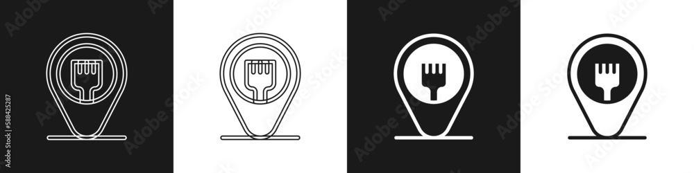 Obraz premium Set Cafe and restaurant location icon isolated on black and white background. Fork eatery sign inside pinpoint. Vector.