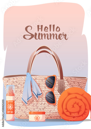 Poster with beach bag and summer accessories. Summer time, hello summer. Sunscreen, sunglasses, towel. Postcard, banner, background for summer holidays
