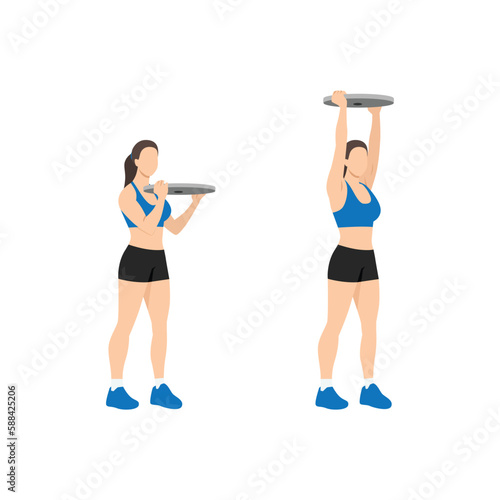 Woman doing Overhead plate presses exercise. Flat vector illustration isolated on white background