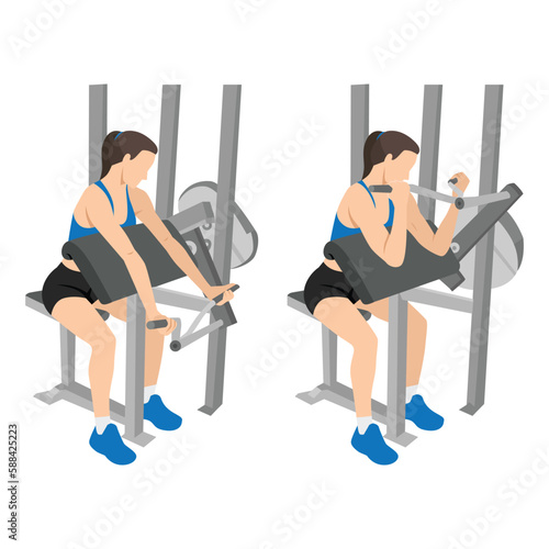 Woman doing machine bicep preacher or concentration curls, arm biceps exercise. isolated on white background and layers. Workout character
