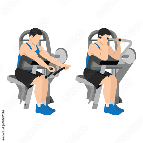 Man doing machine bicep preacher or concentration curls, arm biceps exercise. isolated on white background and layers. Workout character