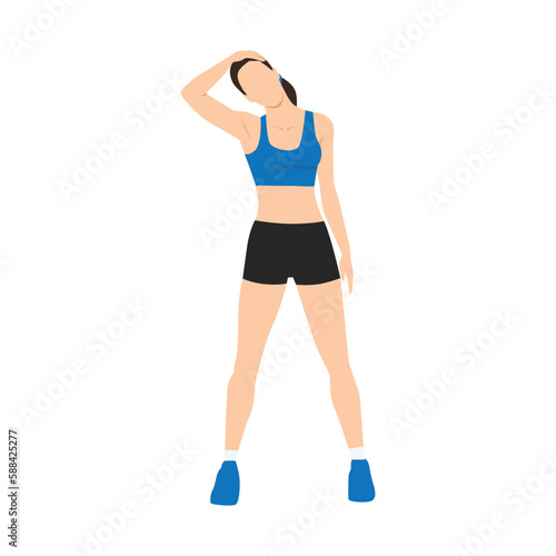 Woman doing Neck stretch exercise. Flat vector illustration isolated on white background