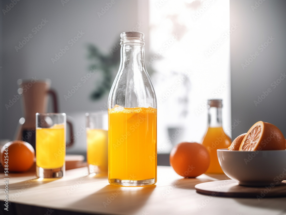 Orange juice glass and bottle on a table in front of a white background, ai generative Orange juice glass and bottle on a table in front of a white background, ai generative