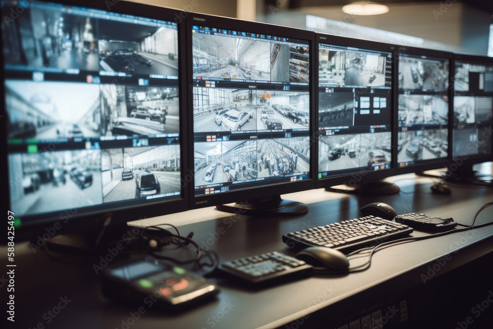 Surveillance room with lots of monitors monitoring CCTV cameras, high quality generative ai Surveillance room with lots of monitors monitoring CCTV cameras, high quality generative ai
