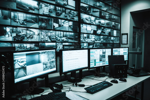 Surveillance room with lots of monitors monitoring CCTV cameras, high quality generative ai
