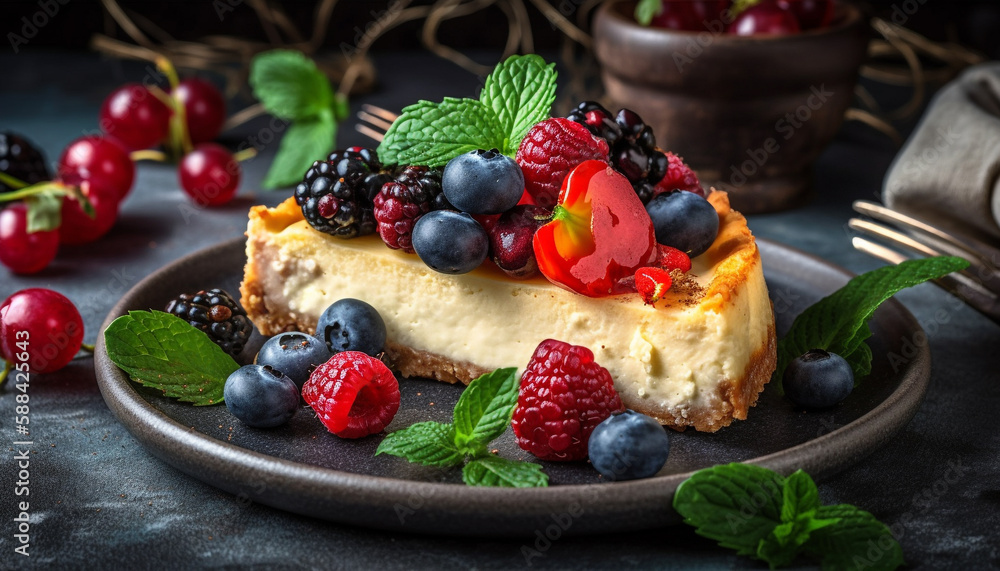 Whipped cream swirls on homemade berry cheesecake generated by AI Whipped cream swirls on homemade berry cheesecake generated by AI