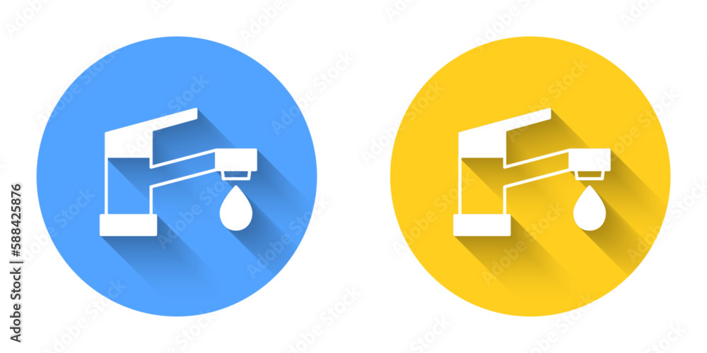 White Water tap icon isolated with long shadow background. Circle button. Vector White Water tap icon isolated with long shadow background. Circle button. Vector