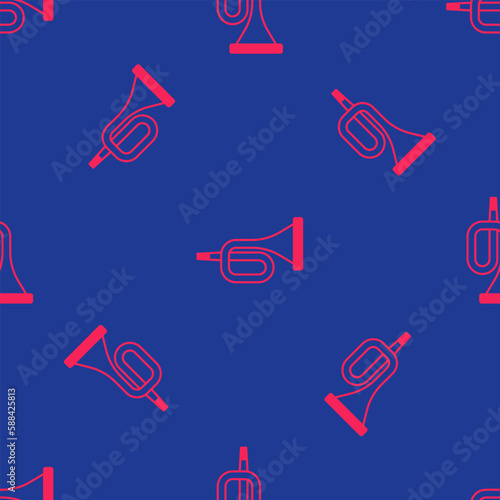 Red Musical instrument trumpet icon isolated seamless pattern on blue background. Vector