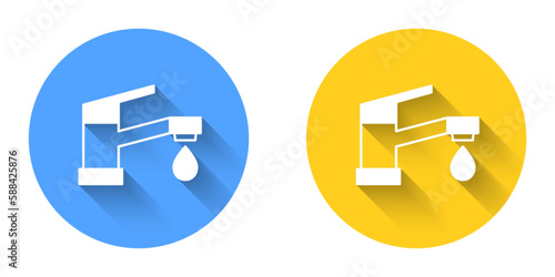 White Water tap icon isolated with long shadow background. Circle button. Vector