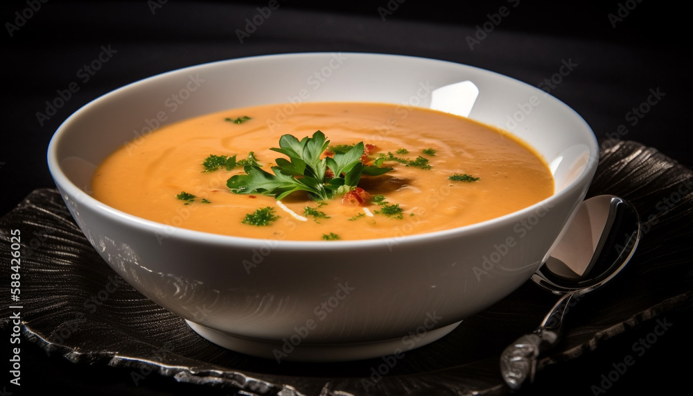 Gourmet pumpkin soup garnished with fresh parsley generated by AI