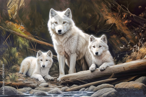 Arctic wolf   Canis lupus arctos  with puppy. Generative AI