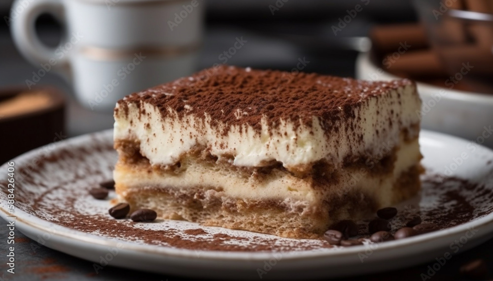 Layered tiramisu dessert in a gourmet plate generated by AI Layered tiramisu dessert in a gourmet plate generated by AI