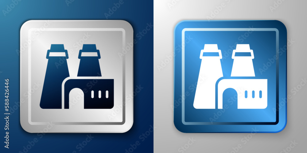 White Factory production icon isolated on blue and grey background. Industrial building. Silver and blue square button. Vector White Factory production icon isolated on blue and grey background. Industrial building. Silver and blue square button. Vector