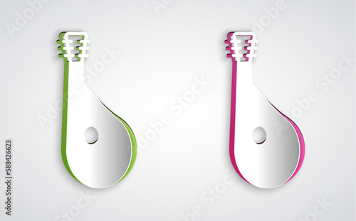 Paper cut Ukrainian traditional musical instrument bandura icon isolated on grey background. Paper art style. Vector