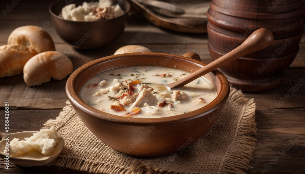 Rustic bowl of oatmeal with fresh fruit generated by AI Rustic bowl of oatmeal with fresh fruit generated by AI
