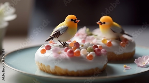 Birthday cake decorated with yellow rubber ducks and berries,generative ai © S...