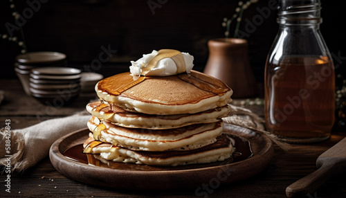 Rustic table with stack of sweet pancakes generated by AI