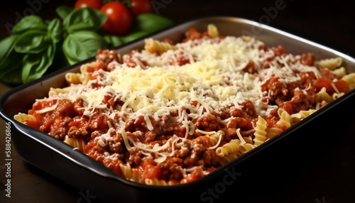 Fresh homemade lasagna with organic tomato sauce generated by AI