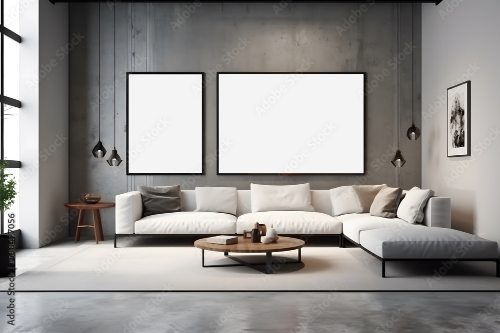 3d style of modern living room with white sofa and coffee table, decorative wall with embossed panels, carpet on concret floor. Frame mockup. Generative Ai. 3d style of modern living room with white sofa and coffee table, decorative wall with embossed panels, carpet on concret floor. Frame mockup. Generative Ai.