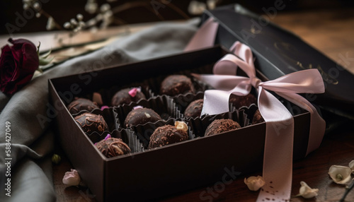 Indulgent chocolate truffles wrapped in ornate paper generated by AI