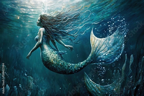 underwater fantasy world beautiful mermaid with tail in ocean created by generative AI.