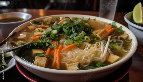 Healthy meal of seafood noodle soup garnished with cilantro generated by AI