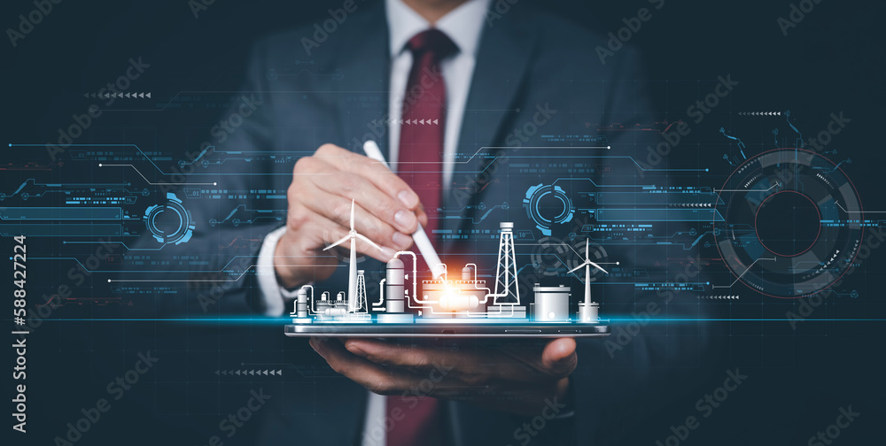 Businessman hand touch global network connection with virtual modern reduce CO2 emission concept with icons, global warming emissions carbon footprint climate change to limit global warming, energy - obrazy, fototapety, plakaty 